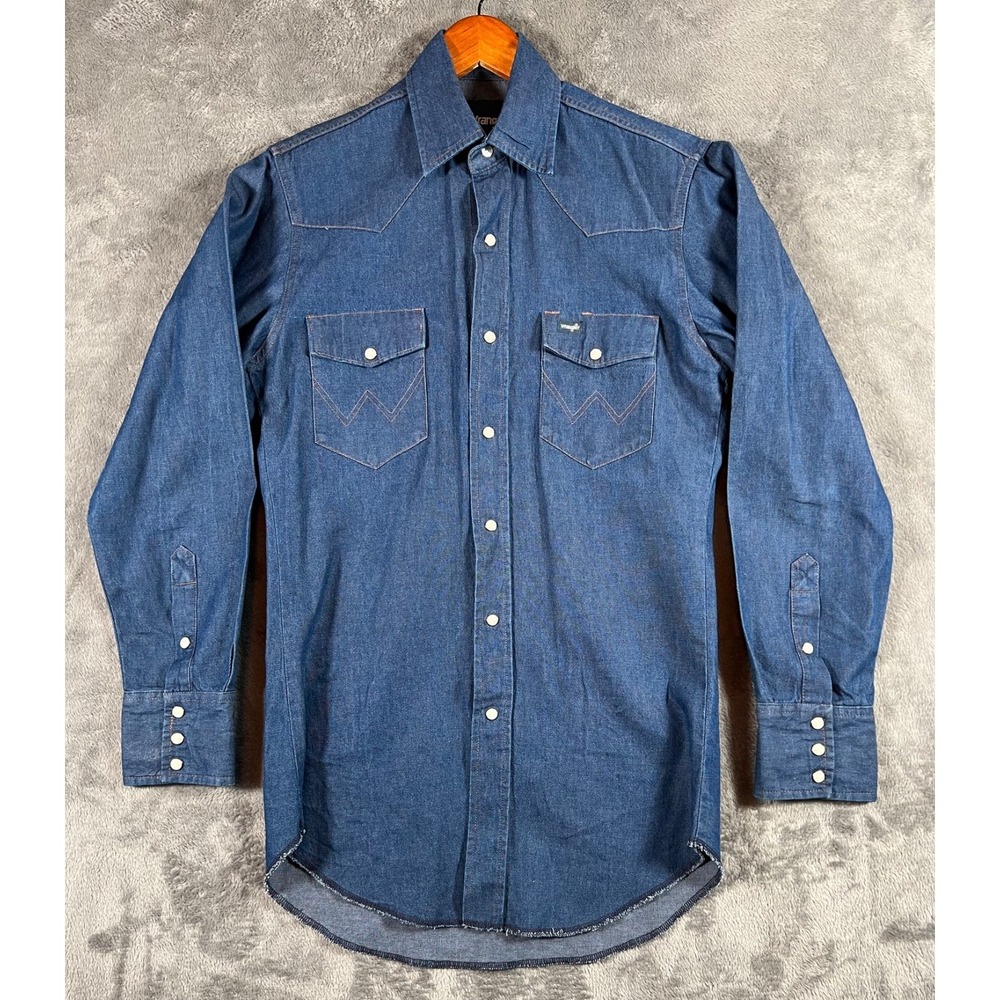 Vintage Wrangler Western Denim Shirt Mens Small 38x30 Indigo Blue Pearl Snap 80s